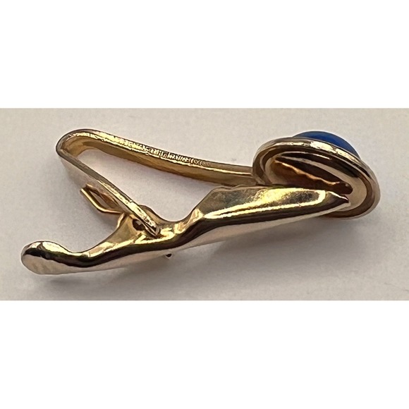 Vintage Men's Gold Tone Tie Clip Blue Glass Cabochon Spring Clasp - Picture 5 of 5